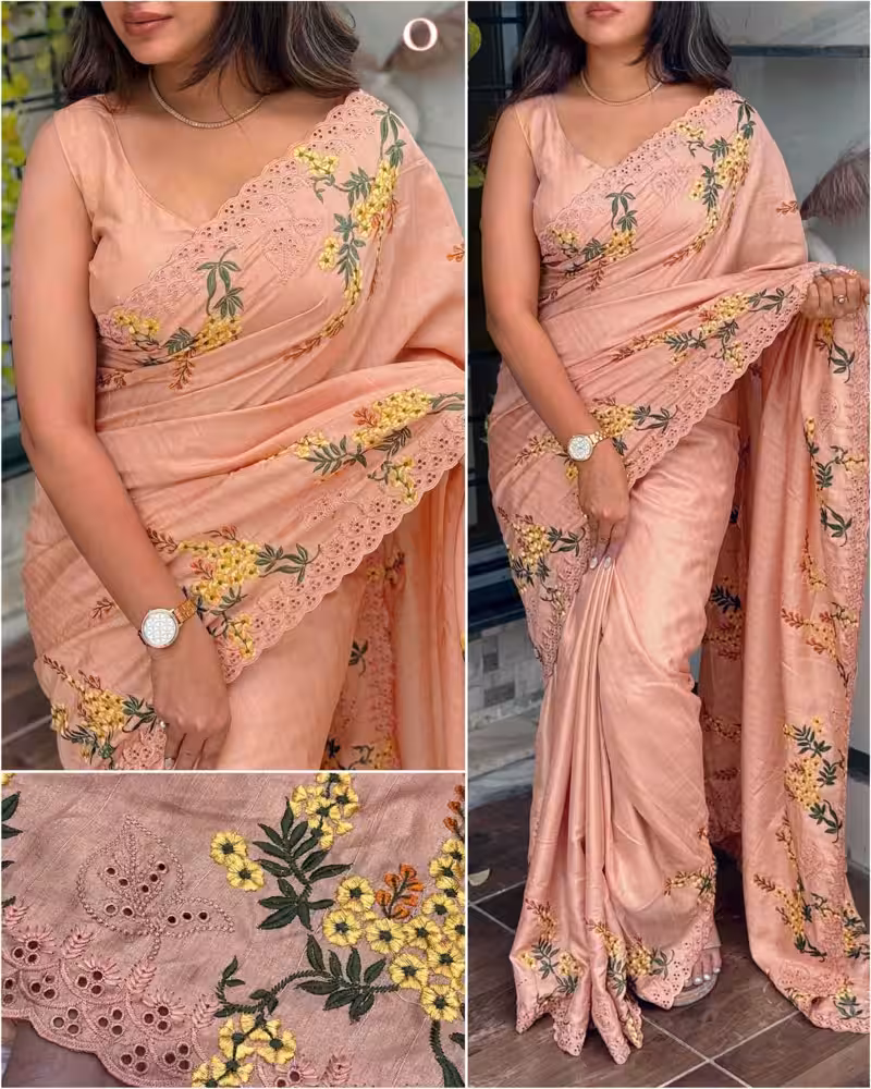 Elegant Woman Cotton Saree with Intricate Threadwork Motif