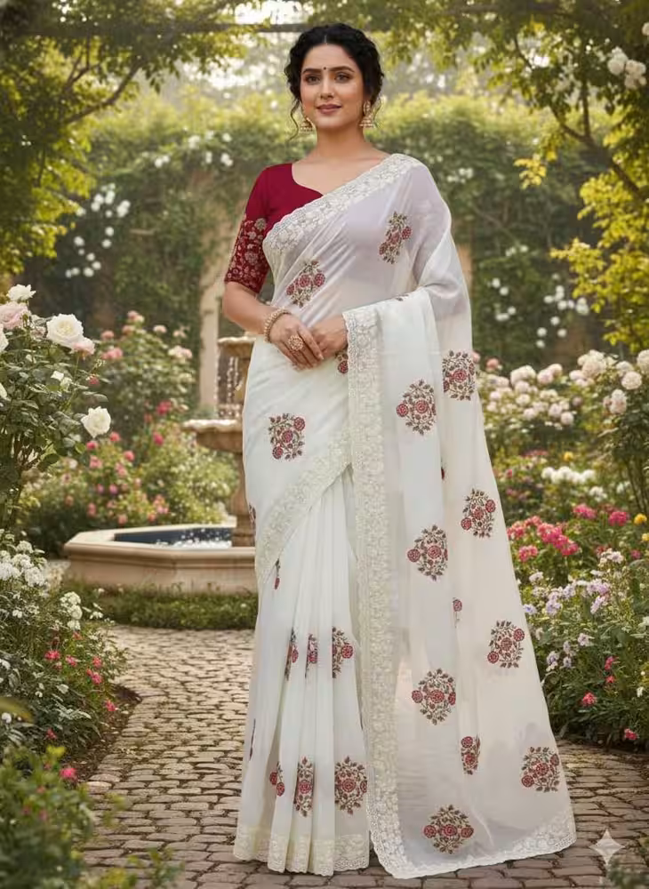 White Saree Red Silk Contrast and Handcrafted Borders