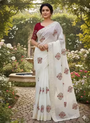 White Saree Red Silk Contrast and Handcrafted Borders