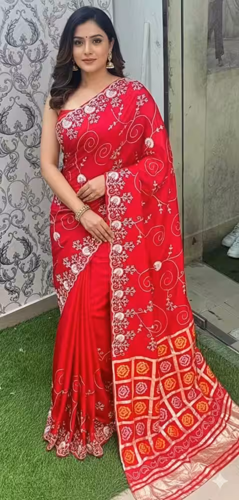 Red Wedding Silk Saree with Traditional Pitta Hand Work