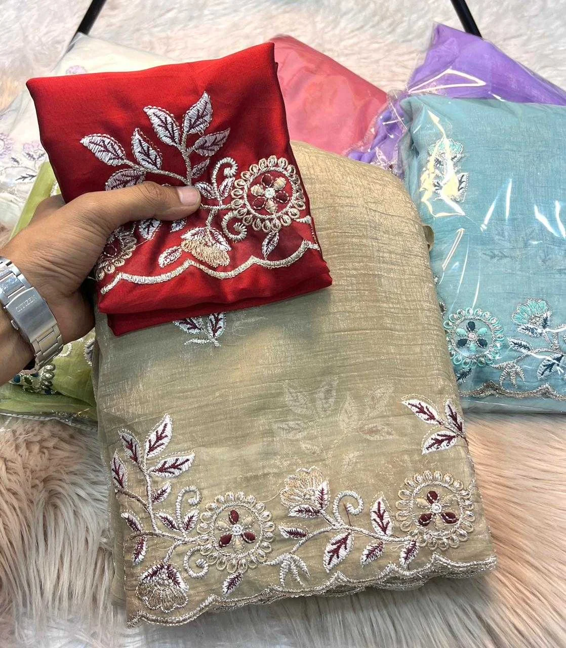 Crunchy Silk Fabric - With Fancy Multi Embroderiy Work Saree