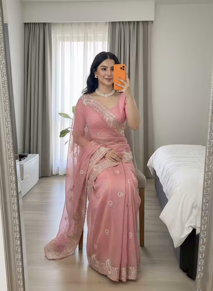 Satin Saree Material with All Over Embroidery Butta