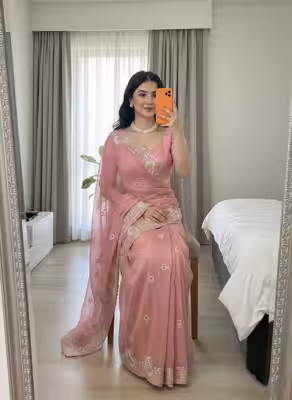 Satin Saree Material with All Over Embroidery Butta