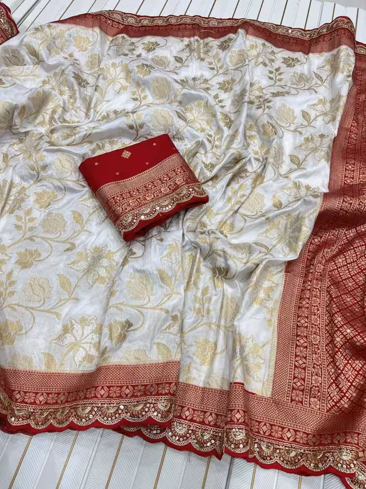Exclusive Red White Bengali Saree in Luxury Dola Silk