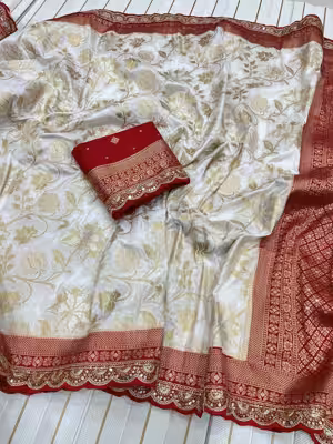 Exclusive Red White Bengali Saree in Luxury Dola Silk