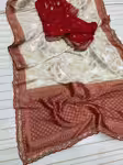 Exclusive Red White Bengali Saree in Luxury Dola Silk