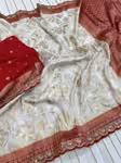 Exclusive Red White Bengali Saree in Luxury Dola Silk