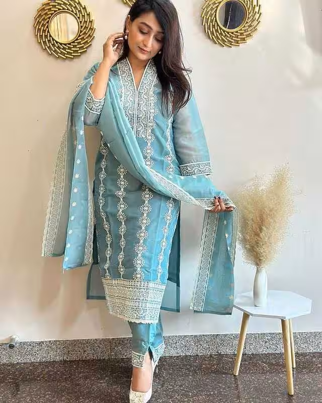 Elegant Sky Blue Embroidery Kurti with Detailed Zari Borders