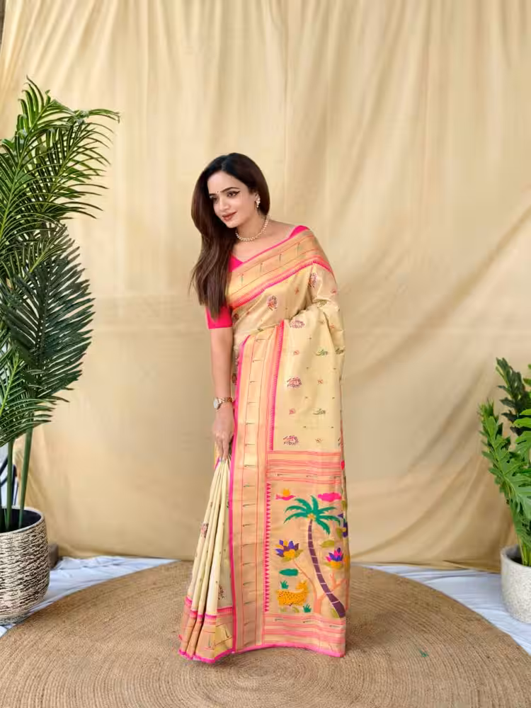 Exquisite Cream Tissue Silk Saree with Contrast Blouse