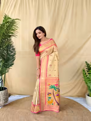 Exquisite Cream Tissue Silk Saree with Contrast Blouse