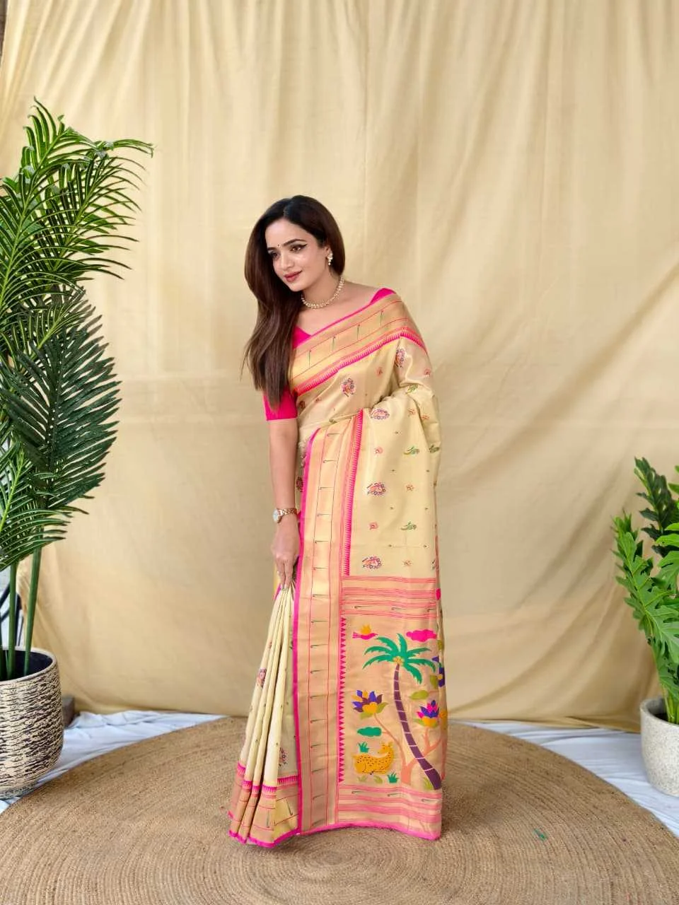 Tussar Silk Saree - with contrast pink blouse