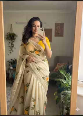 Floral Saree with Mirror Work and Designer Lace Border