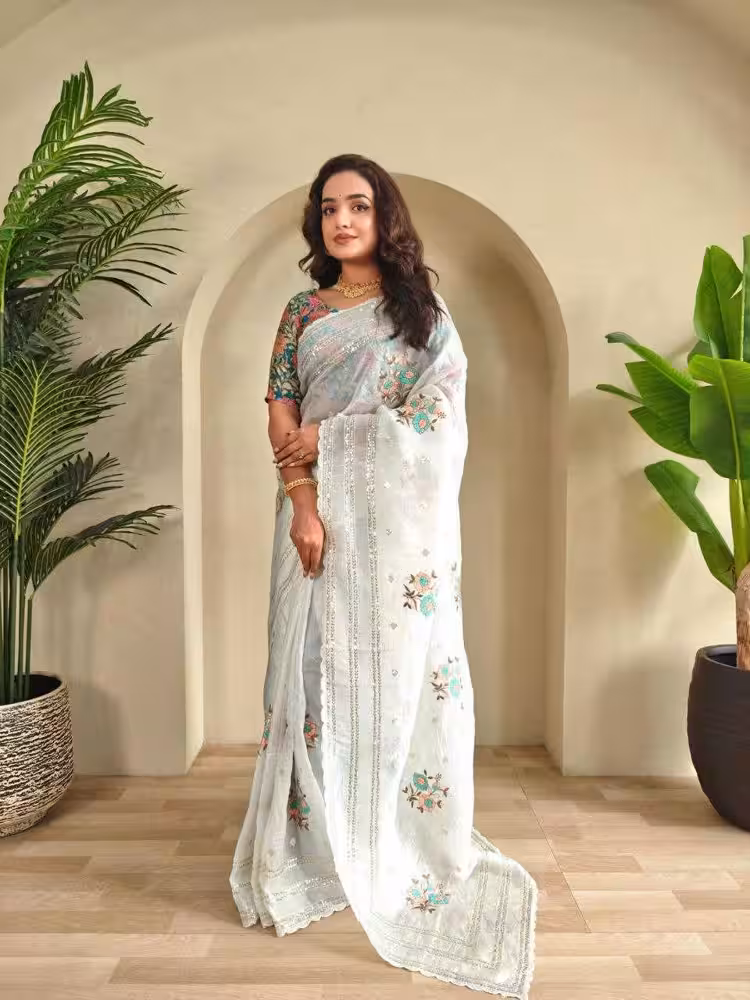 Luxury Women Chiffon Saree in Pristine Off White