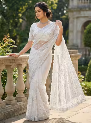 White net saree for women with heavy beadwork