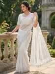 White net saree for women with heavy beadwork