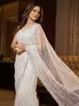 White net saree for women with heavy beadwork