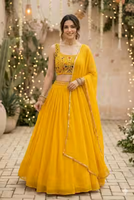 Stunning georgette yellow lehenga for haldi