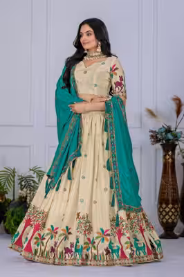 Off white kalamkari lehenga choli with teal dupatta