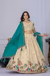 Off white kalamkari lehenga choli with teal dupatta