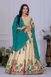 Off white kalamkari lehenga choli with teal dupatta