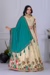 Off white kalamkari lehenga choli with teal dupatta