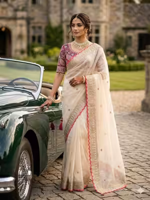 Off white wedding saree with contrast purple blouse