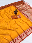 Mustard Banarasi saree with contrast silk blouse woven pallu
