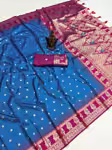 Blue Banarasi saree with contrast silk blouse woven pallu