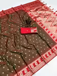 Brown Banarasi saree with contrast silk blouse woven pallu