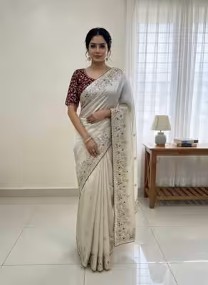 White party wear fancy saree with zari sequence embroidery