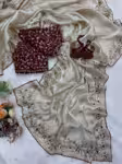 Off White party wear fancy saree - zari sequence embroidery