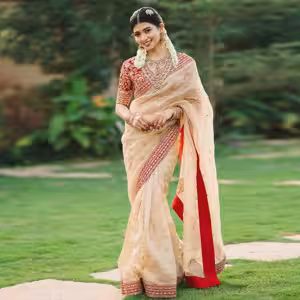 Gold organza saree with embroidery and red blouse