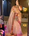 Gold organza saree with embroidery and red blouse