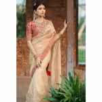 Gold organza saree with embroidery and red blouse