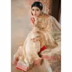Gold organza saree with embroidery and red blouse