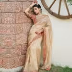 Gold organza saree with embroidery and red blouse