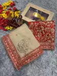 Gold organza saree with embroidery and red blouse