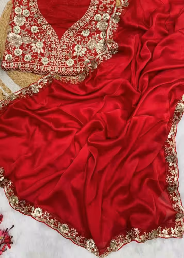 Designer silk saree in red for wedding wear