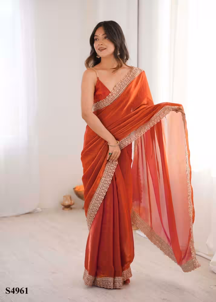 Red Satin saree for women with embroidery saree lace