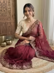 Magenta Satin saree for women with scallop sequin border