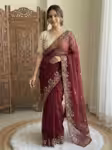 Magenta Satin saree for women with scallop sequin border