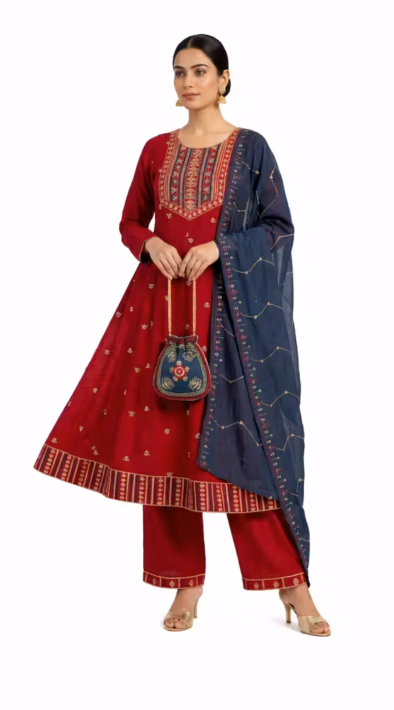 Maroon Anarkali Suit for Women with Navy Blue Dupatta