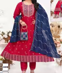 Three Piece Maroon Anarkali Suit with Contrast Navy Dupatta
