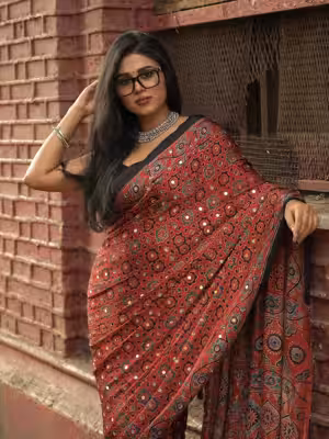 Red Elegant saree crepe silk with festive mirror handwork