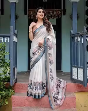 Elegant Off White Linen Saree with Digital Elephant Motifs