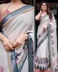 Elegant Off White Linen Saree with Digital Elephant Motifs