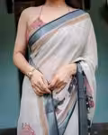 Elegant Off White Linen Saree with Digital Elephant Motifs